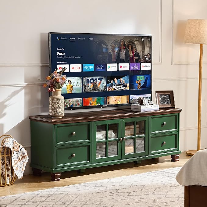 SAVOR LIFE Farmhouse TV Stand for Living Room, Rustic Green Entertainment Center - Image 4