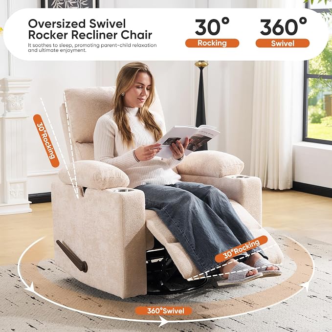 Swivel Rocker Recliner with Adjustable Armrests, Rocking Nursery Chair with - Image 5