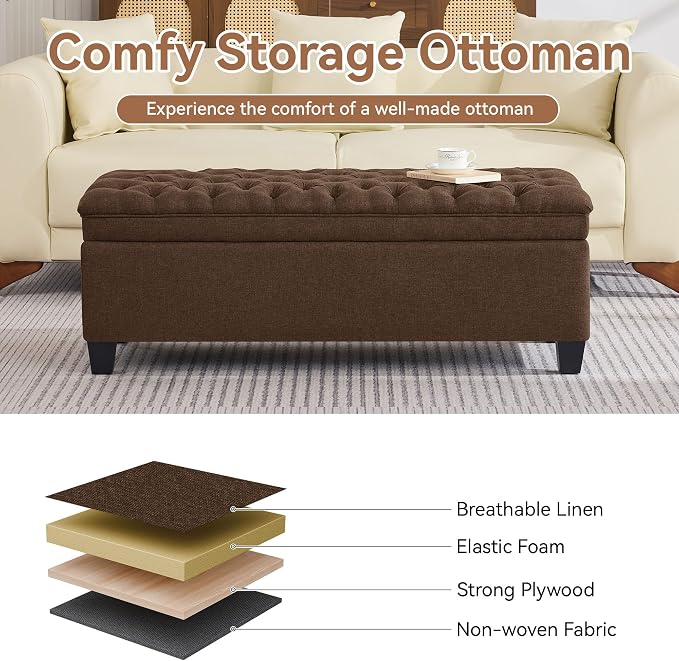 WUTUTUEE 50" Fabric Storage Ottoman Bench, Upholstered Rectangle End of Bed - Image 5