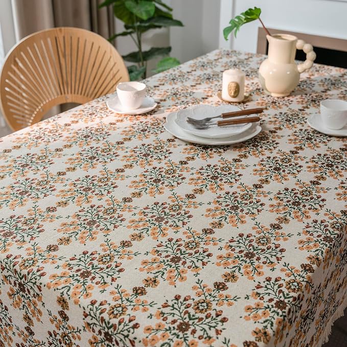 VClife Beige Floral Print Table Cloth, Linen Texture Tablecloth - Image 7