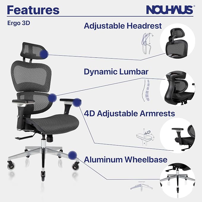 Nouhaus Ergo3D Ergonomic Office Chair Lumbar Support Mesh Office Chair - Image 3