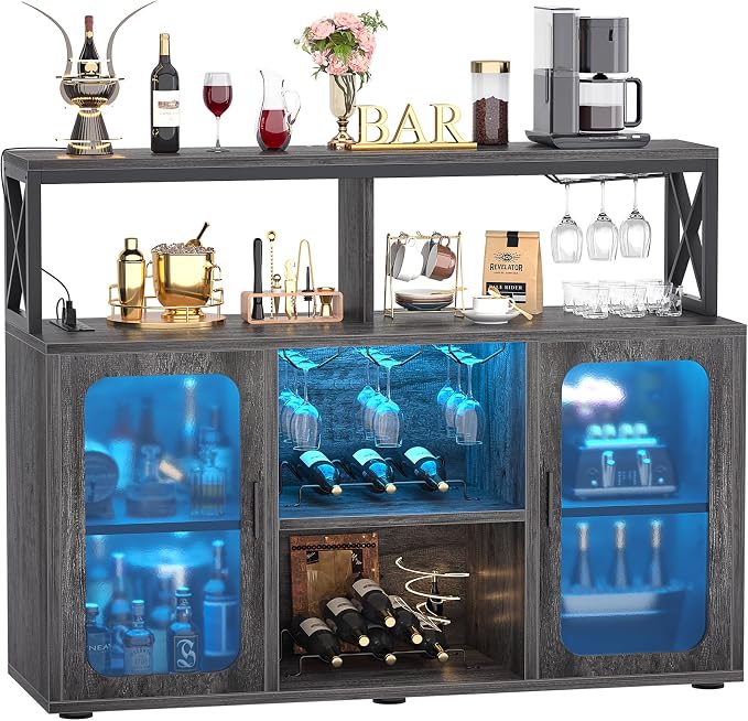Aheaplus Bar Cabinet with Power Outlets, Liquor Cabinet with Led Lights and by Aheaplus