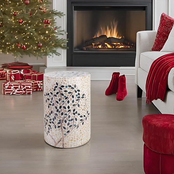PEMAR Mother of Pearl Cylinder Drum End Table Nacre Side Stool Round Accent - Image 2