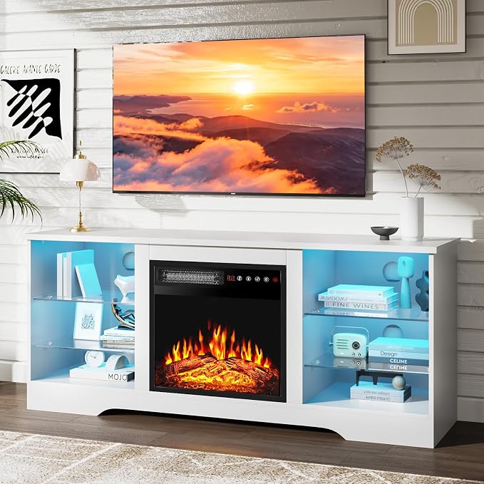 PRETZI Fireplace TV Stand with 18" Fireplace Up to 65" TVs, TV Media Console by PRETZI