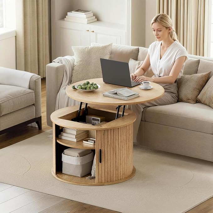 FABATO Round Lift Top Coffee Table, Fluted Wood Accent Coffee Table - Image 6