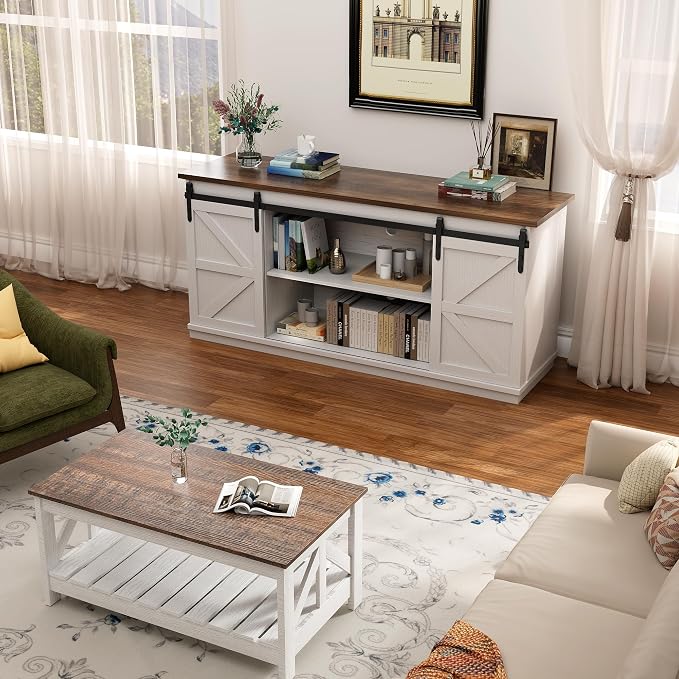 YESHOMY Farmhouse TV Stand for Televisions up to 65 Inches, Sliding Barn Doors - Image 4