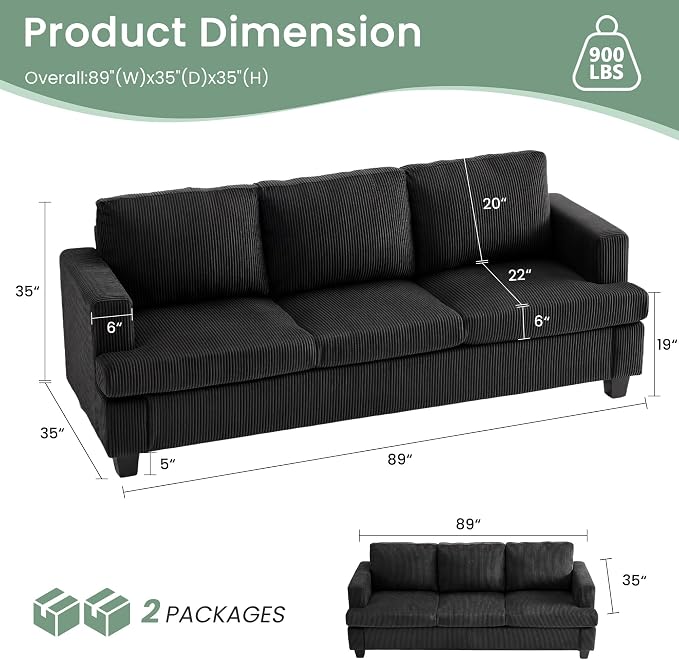 2 Pieces Corduroy Couch Set for Living Room, Deep Seat Floor Couch for Bedroom - Image 3