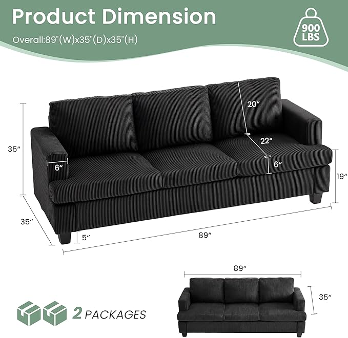 3 Pieces Corduroy Couch Set for Living Room, 7 Seats Cloud Sofa, Deep Seat - Image 3