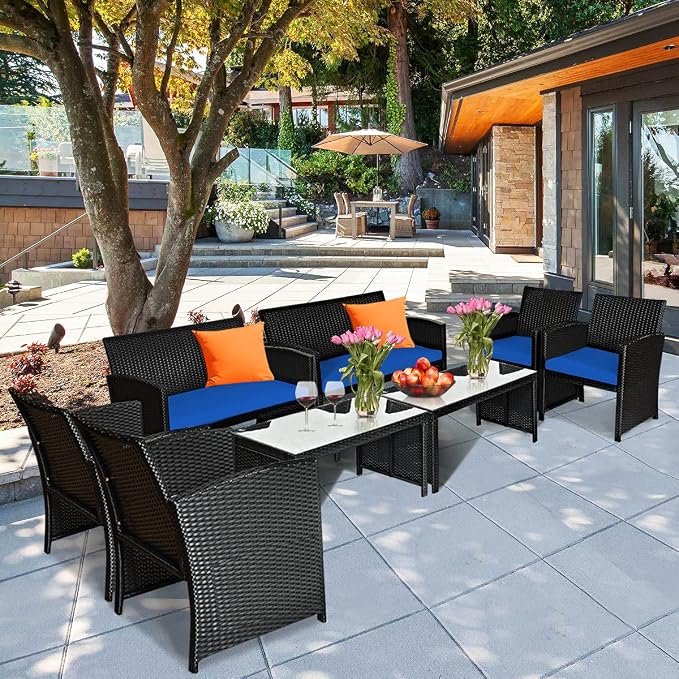 Tangkula 8 Pieces Patio Wicker Conversation Furniture Set, Patiojoy Sofa & - Image 2