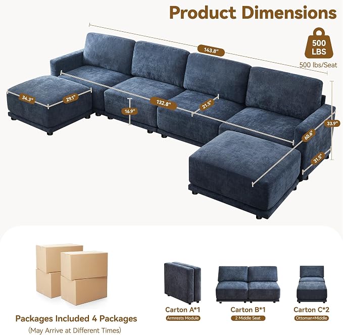 143.8" Modular Sectional Sofa Modern Chenille U Shaped Couch - Image 2