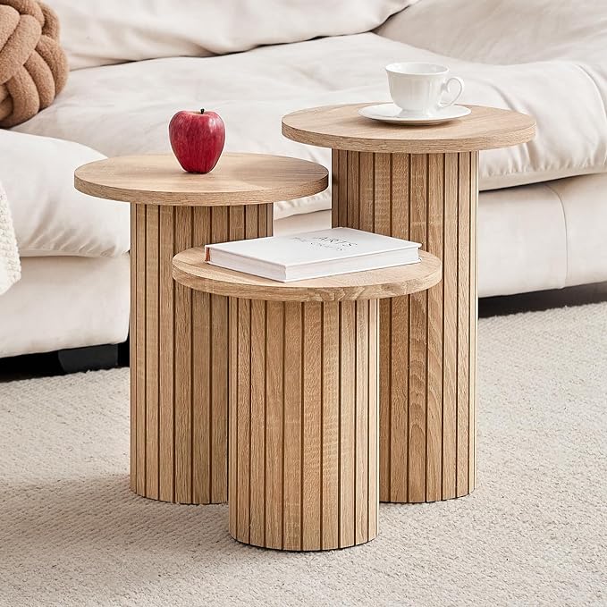 Round Side Tables Set of 3, Circle Modern Fluted Nesting Coffee Table, Accent by Euphpivigy