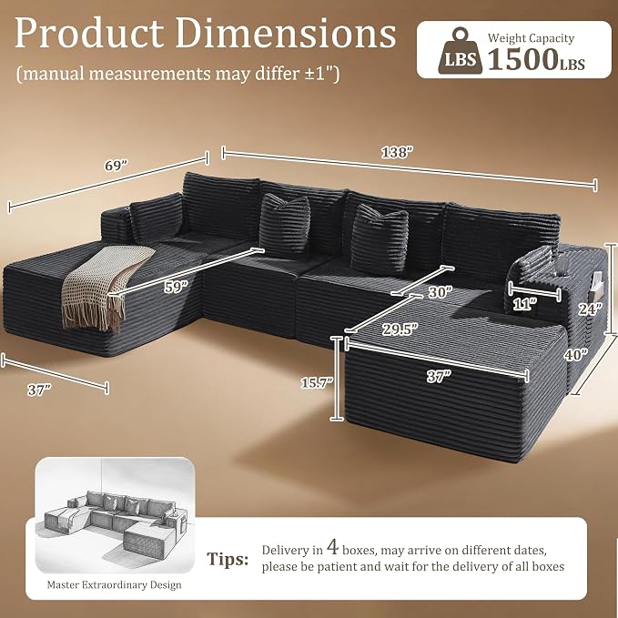 138" Oversized Cloud Sectional Couch, Comfort U Shaped Boneless Couch - Image 2
