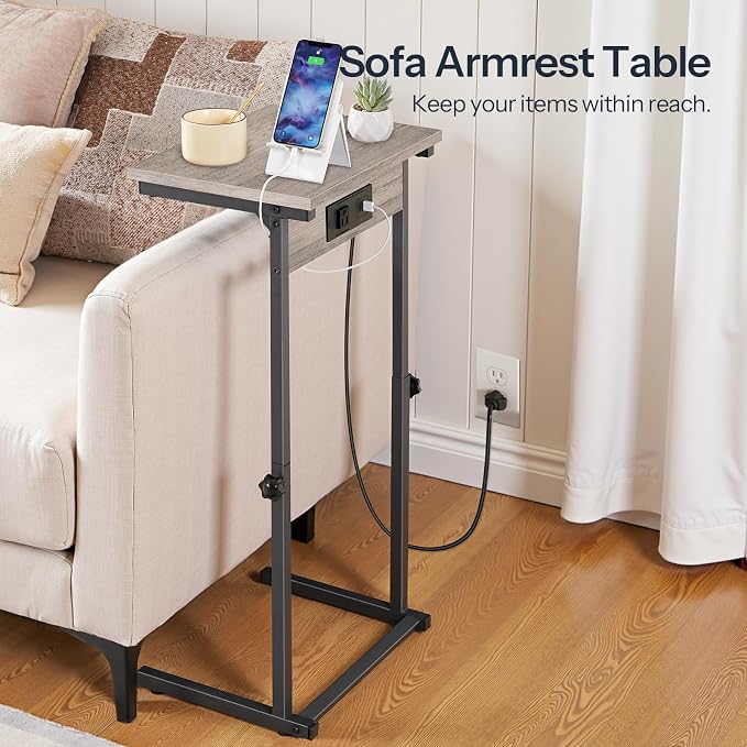HOOBRO C-Shaped End Table with Charging Station, Adjustable Height Sofa Tray - Image 5