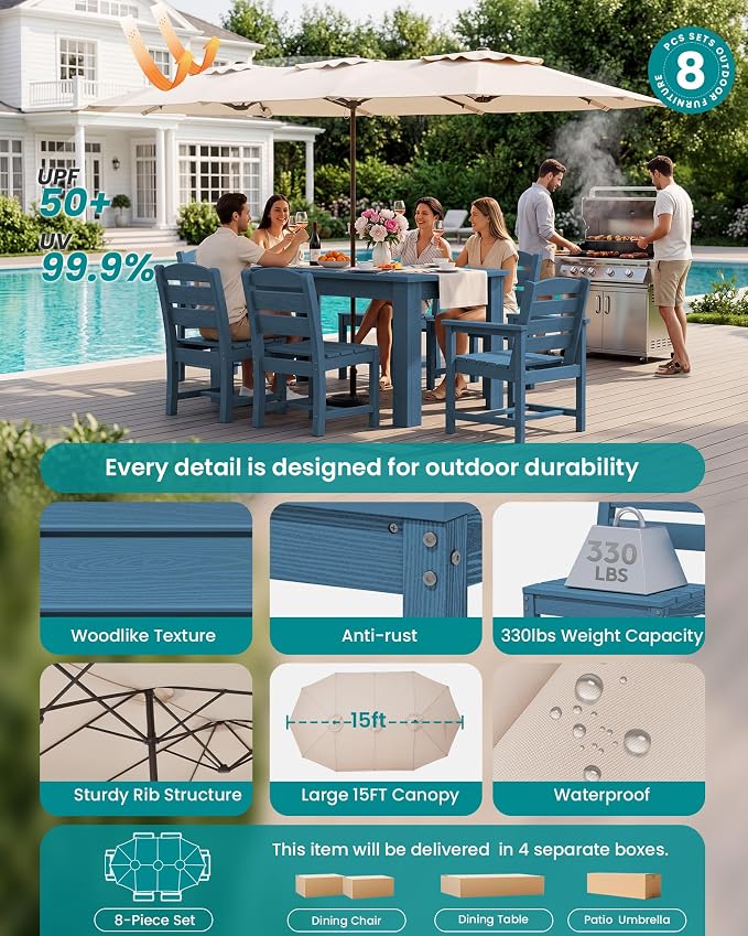 SERWALL Patio Dining Set with 15FT Double Side Umbrella, Outdoor Dining Sets - Image 2