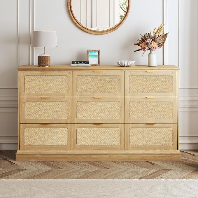 HUAHUU 9 Drawer Dresser for Bedroom, 60 Inch Long Dressers & Rattan Chest of - Image 7
