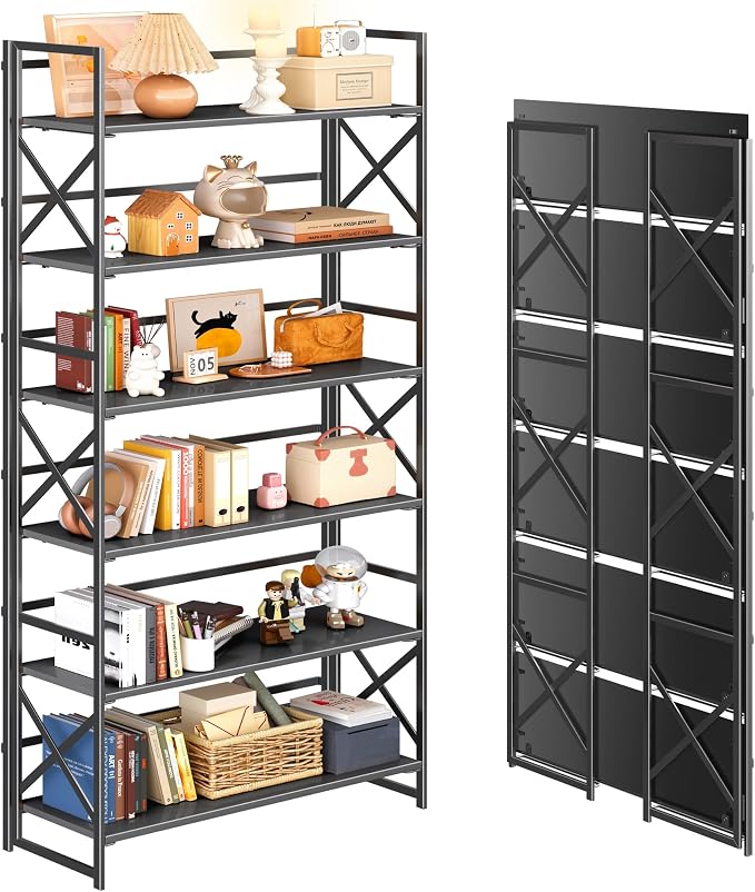 4NM Extra Wide 6 Tiers No Assembly Book Shelves, 61.8" H Folding Bookshelf by 4NM