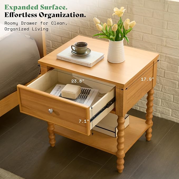 AMERLIFE 24" Wood Nightstand Set of 2, Vintage Bedside Table - Image 6