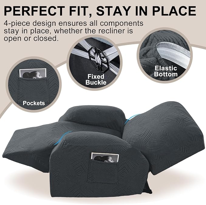 Recliner Chair Covers, 4-Piece Stretch Geometric Strokes Jacquard Reclining - Image 4