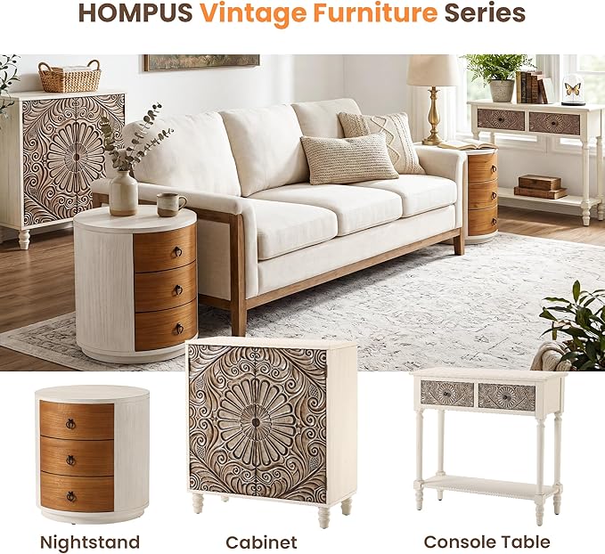 HOMPUS Fully Assembled Round Nightstand, 3 Drawer Chest of Drawers, Wood Rustic - Image 7