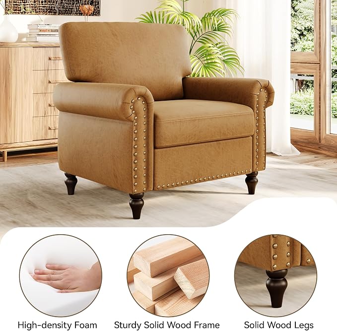 Nailhead Trim Accent Chairs Set of 2, Faux Leahter Mid Century Modern Living - Image 4