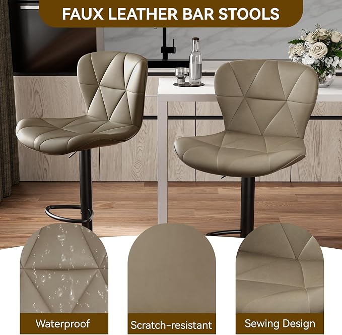 Nalupatio Modern Bar Stools Set of 2, Adjustable Faux Leather Upholstered - Image 3
