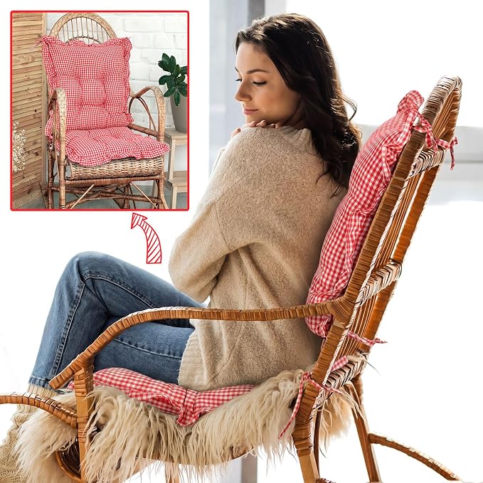 Lewtemi 2 Set Red Gingham Rocking Chair Cushion Village Ruffled Rocking Chair - Image 7