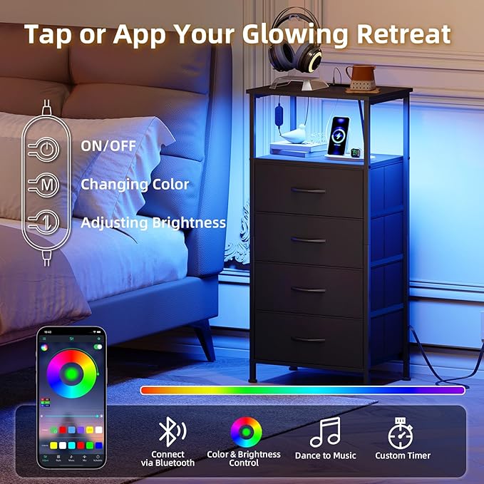 Somdot Black Nightstand with Charging Station and LED Light - Image 4