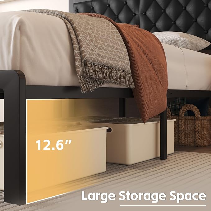 Fluest Full Bed Frame with Headboard PU Leather Upholstered Bed Frame Platform - Image 5