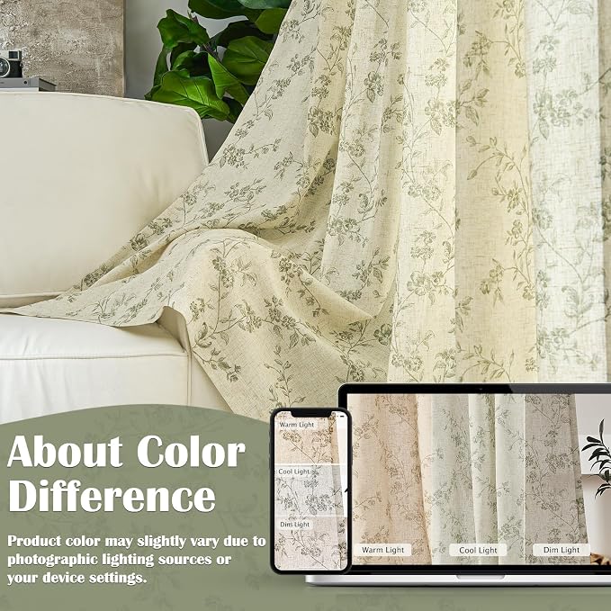 Lazzzy Green Floral Linen Curtains 96 Inch Farmhouse Back Tab Drapes - Image 6