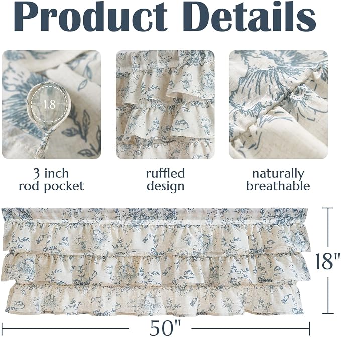 jinchan Ruffled Floral Valance Linen Shabby Chic Small Window Curtain 18 Inch - Image 8