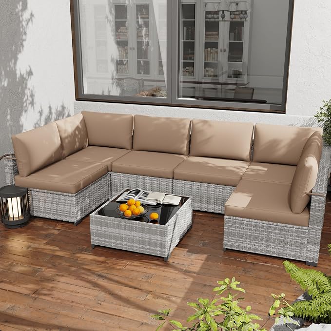 KIGOTY 7-Piece Patio Furniture Set, All-Weather PE Rattan Outdoor Sectional Sofa by KIGOTY