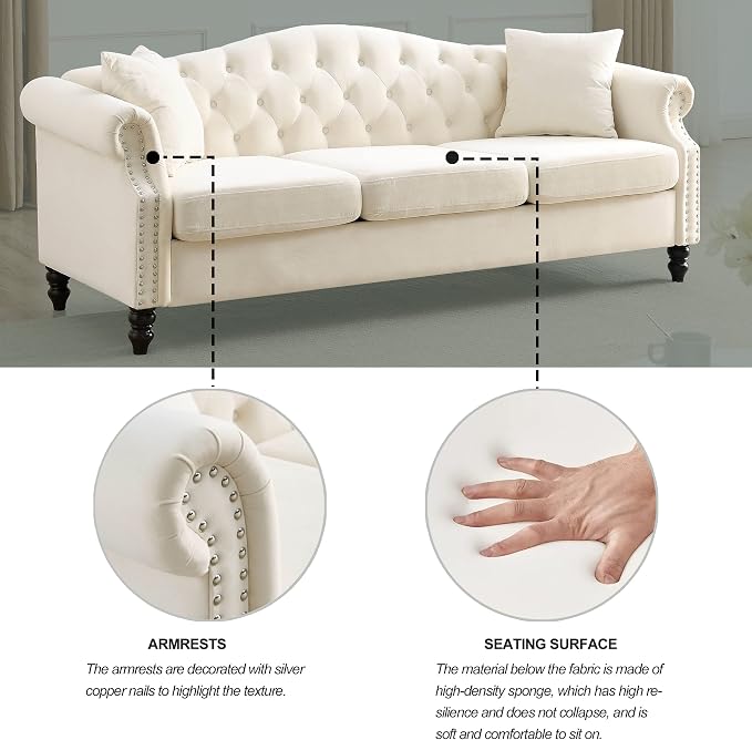79" 2 Piece 3-Seater Velvet Chesterfield Sofa - Image 7