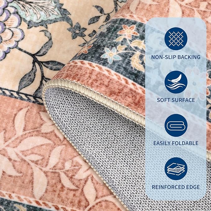GarveeHome Terracotta Teal Washable 6x9 Area Rugs, Botanical Grove Vintage - Image 7