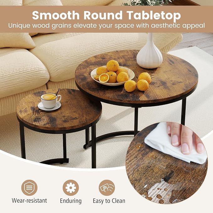 Giantex Nesting Coffee Table Set of 2, Round Stacking Side Tables w/Wooden - Image 6