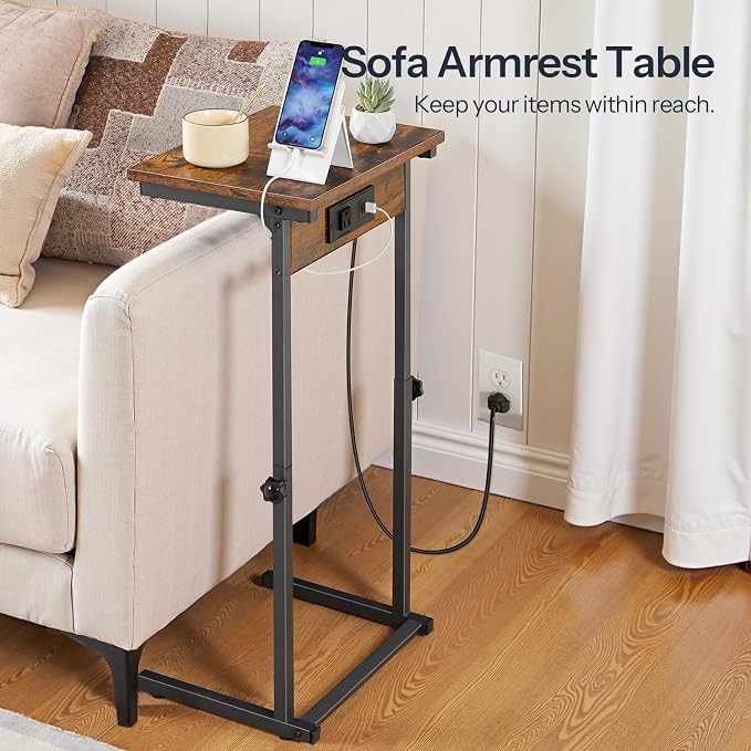 HOOBRO C-Shaped End Table with Charging Station, Adjustable Height Sofa Tray - Image 6