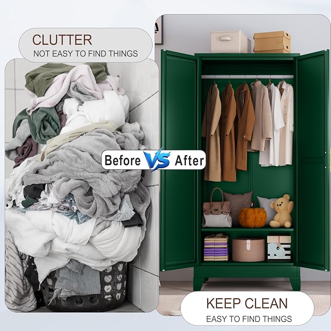 71" Metal Armoire Wardrobe Closet, Steel Clothing Storage Cabinet - Image 8