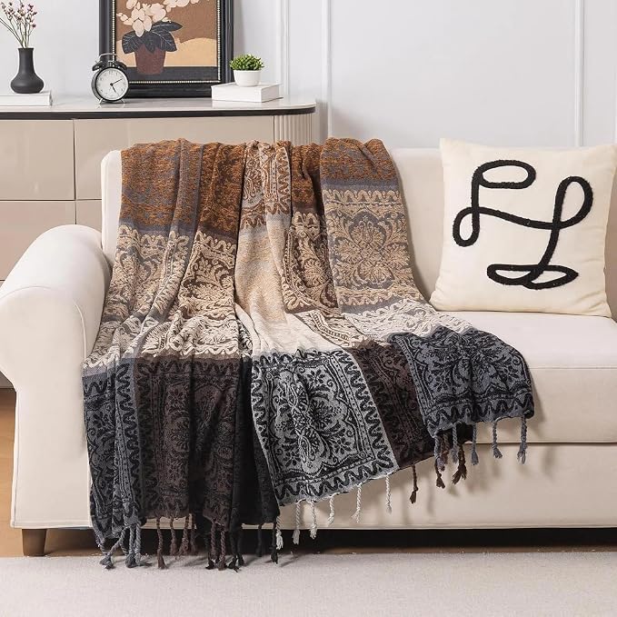 Boho Throw Blanket, Chenille Jacquard Tassels Throw Blankets - Image 7