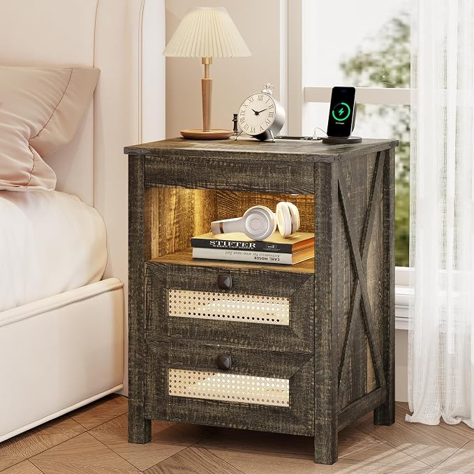 Farmhouse Night Stand with Gun Drawer, Bedside Table with Charger Station - Image 7