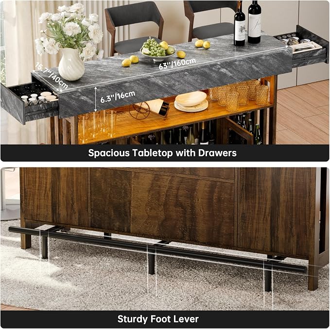 4-Tier Home Bar Unit, 63-Inch Wooden & Dark Gray Marble Bar Cabinet, LED Liquor - Image 7
