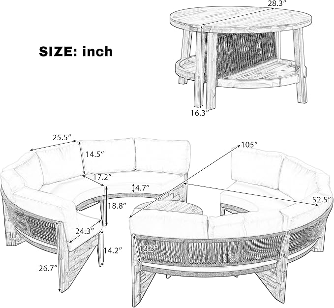 VilroCaz 3-Piece Outdoor Patio Furniture Sectional Sofa Set, 2 Semi-Circle Sofas - Image 4
