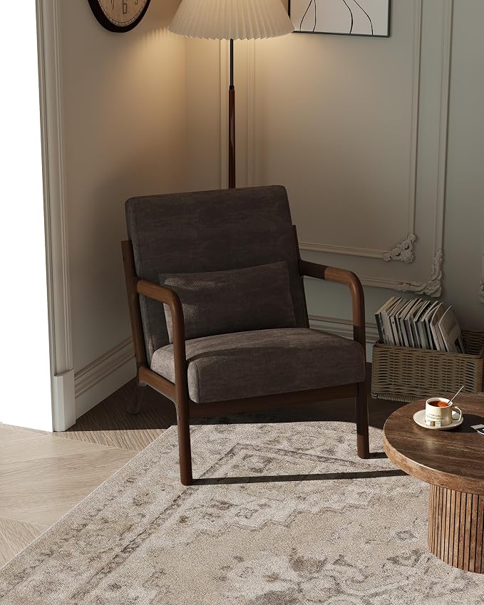 Garvee Mid-Century Modern Accent Chair, Chenille Upholstery, Solid Wood Armchair by Garvee