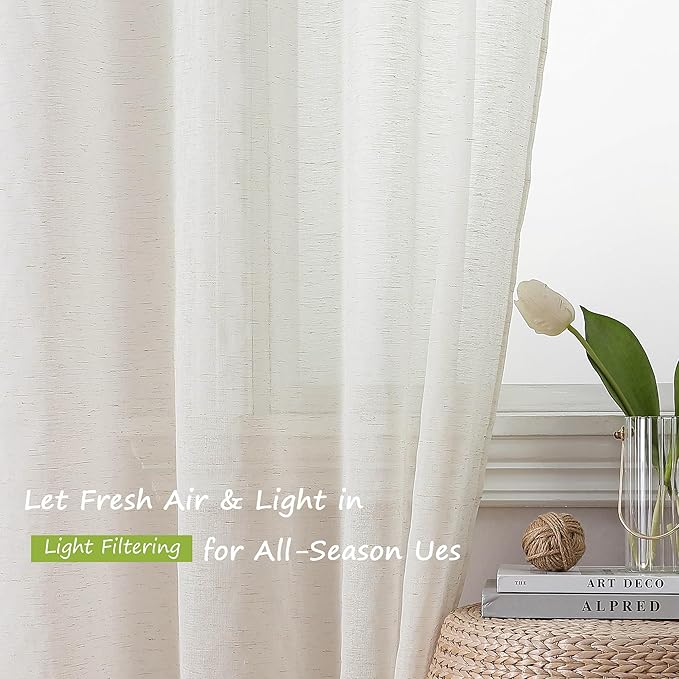 Simplebrand Natural Linen Textured Sheer Curtains 96 inches Long 2 Panels - Image 2