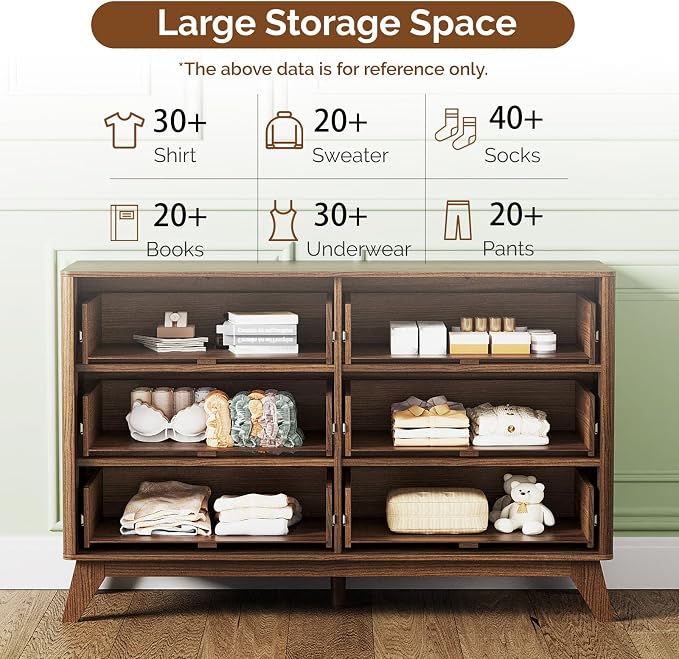 VINGLI Fluted Walnut Dresser 6 Drawer, Dark Brown Wood Dresser - Image 7