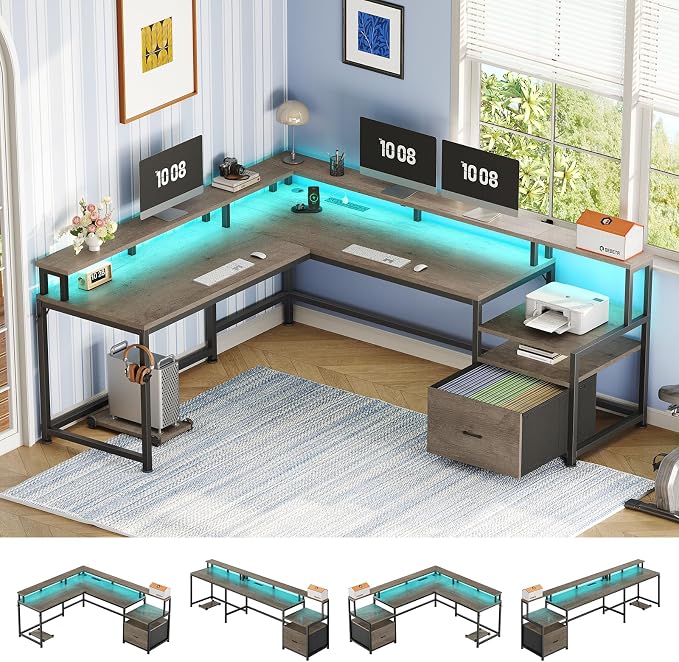 SEDETA 66" L Shaped Desk with Power Outlet, Reversible Home Office Computer by SEDETA