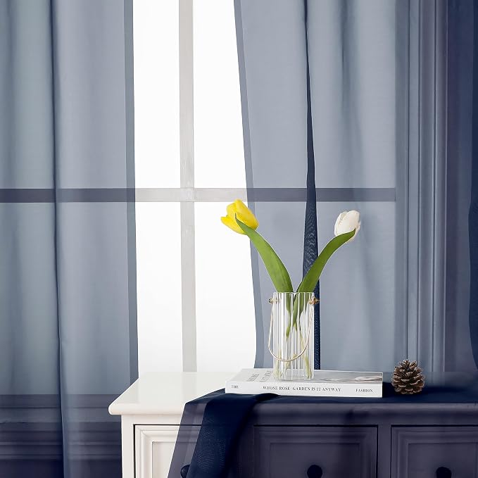 Lecloud Navy Blue Sheer Curtains 45 Inch Long 2 Panels, Short Voile Drapes - Image 4
