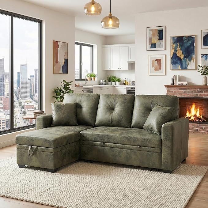 L Shaped Sectional Couch with Storage and Pull Out Bed, 3 Seater Sleeper Sofas - Image 2