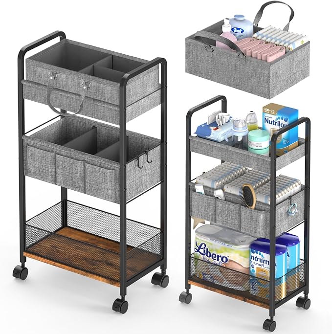LIDTOP 2In1 Baby Diaper Caddy & 3-Tier Rolling Diaper Cart, Diaper Caddy by LIDTOP