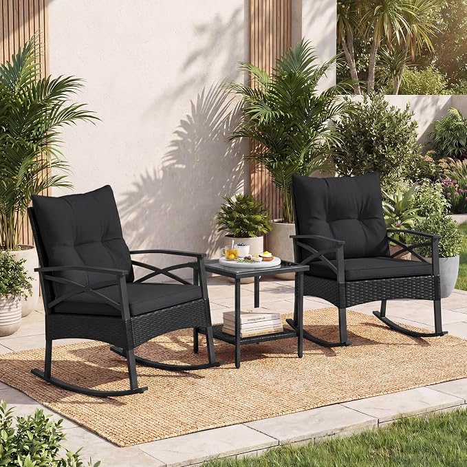 Tangkula 3 Pieces Outdoor Rocking Chairs Set, Rattan Heavy Duty Cushioned - Image 2