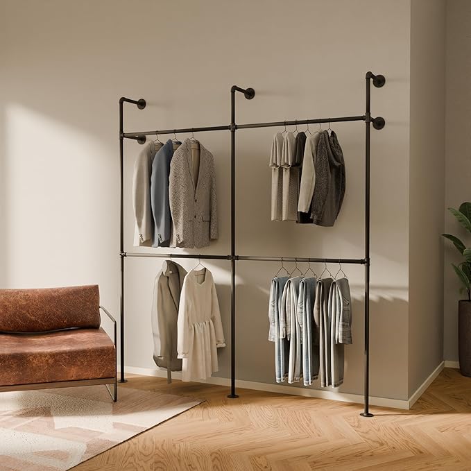pamo Industrial Pipe Clothing Rack – Wall Mounted Black Closet System in by pamo