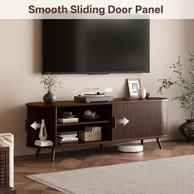 63 inch TV Stand with Power Outlet, Fluted Entertainment Center - Image 5